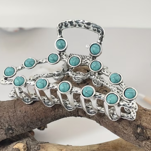 NEW Retro Western Bohemian Silver and Natural Turquoise Hair Claw Clip main image 6